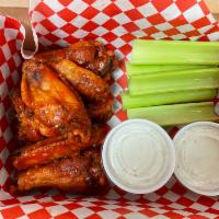 Creole Chicken Wings · Six (6) wings, either buffalo, bbq, or naked. Served with ranch dip, and celery sticks.