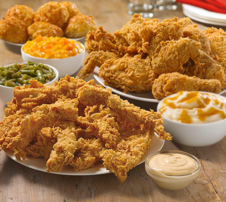 9 Pieces Mixed Chicken & 12 Piece Texas Tenders™ Meal · 9 Pieces of mixed Chicken and 12 Texas Tenders™, served with your choice of any 3 large sides, 6 scratch made Honey-Butter Biscuits™ and a gallon drink.