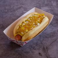 Southern Slaw Dog · Chili, cheese, coleslaw, chow chow and mustard.