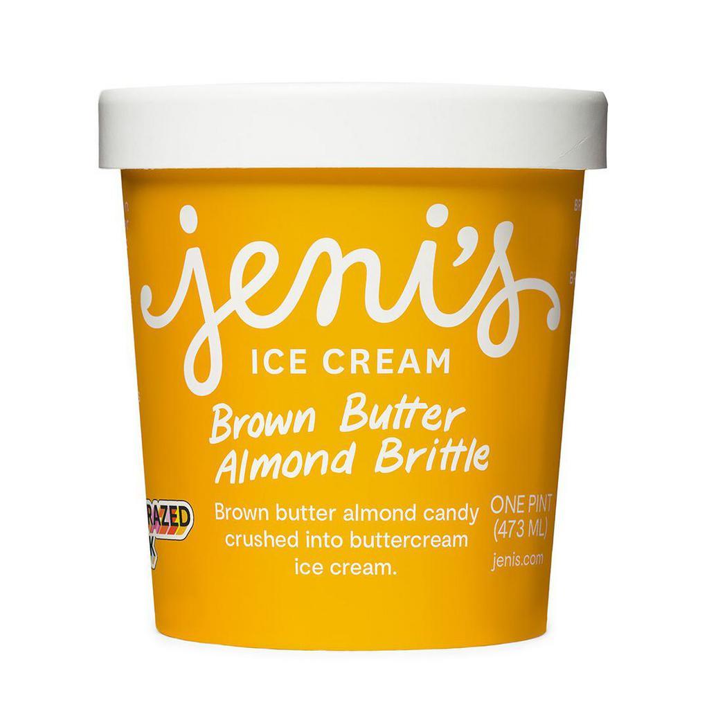 Jeni's Brown Butter Almond Brittle (GF) · Brown-butter-almond candy crushed into buttercream ice cream. Contains tree nuts and dairy. We cannot make substitutions.