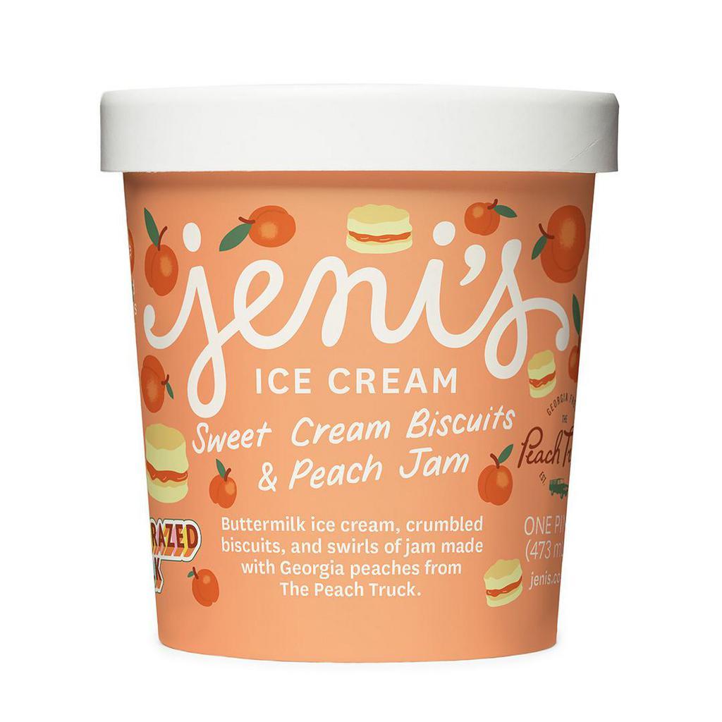 Jeni's Sweet Cream Biscuits and Peach Jam · Buttermilk ice cream, crumbled biscuits, and swirls of jam made with Georgia peaches from The Peach Truck. Contains gluten and dairy. We cannot make substitutions.