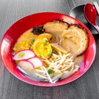 Tonkotsu Ramen · Rich pork broth, mugifuji pork shoulder, egg, green onion, and bamboo.