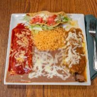 Gonzalez  Combo Plate · 1 crispy chicken taco 1 chile relleno and 1 cheese enchilada.