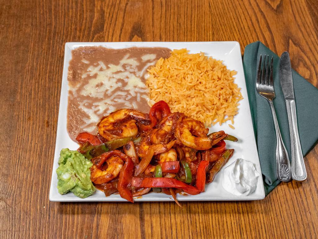 Camarones a la Diabla Combo · Prawns mixed with onions, bell peppers and zucchini. Covered in our homemade extra spicy sauce. Choice of corn or flour tortillas.