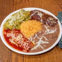Enchilada and Burrito Combo · Chicken enchilada served with choice of red, green or mole sauce and chile verde wrapped in ...