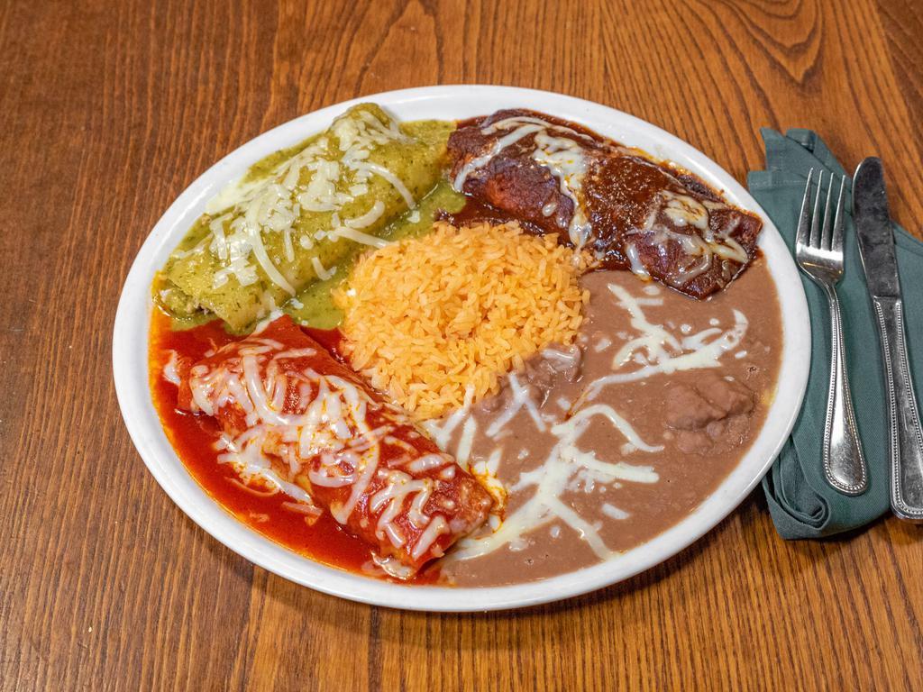 Enchilada and Burrito Combo · Chicken enchilada served with choice of red, green or mole sauce and chile verde wrapped in a flour tortilla.
