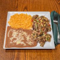 Machaca Lunch · Scrambled eggs mixed with dried shredded beef pico de gallo and fresh jalapenos choice of fl...