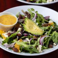 Smoked Orange Balsamic Salad · Mixed greens, orange Supremes, candied almonds, red onion, avocado, feta cheese and our hous...