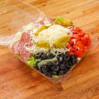 Antipasto Salad · Hand-leafed lettuce topped with mozzarella cheese, sliced ham, salami, black olives, diced t...