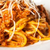 Spaghetti Alla Bolognese · Spaghetti with bolognese sauce (A slow-cooked ground beef in a rich tomato sauce and fresh h...