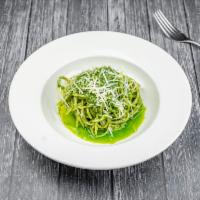 Spaghetti Alla Pesto · Spaghetti with pesto sauce (A combination of fresh basil, parmesan, pine nuts, garlic, salt,...