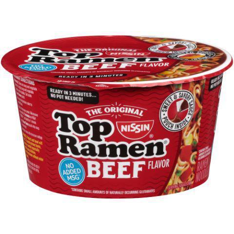 Top Ramen Bowl Beef 3.28oz · Delicious noodles stacked with veggies and no added MSG with a sweet and savory beef-flavored sauce.