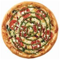 Roma Pesto Pizza · Sun dried tomato, spinach, tomato, and feta cheese, topped with a swirl of pesto (nut free)....