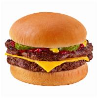 1/3 lb. Double with Cheese Burger · Two 100% all-beef patties equalling over a 1/3lb. topped with melted cheese, pickles, ketchu...