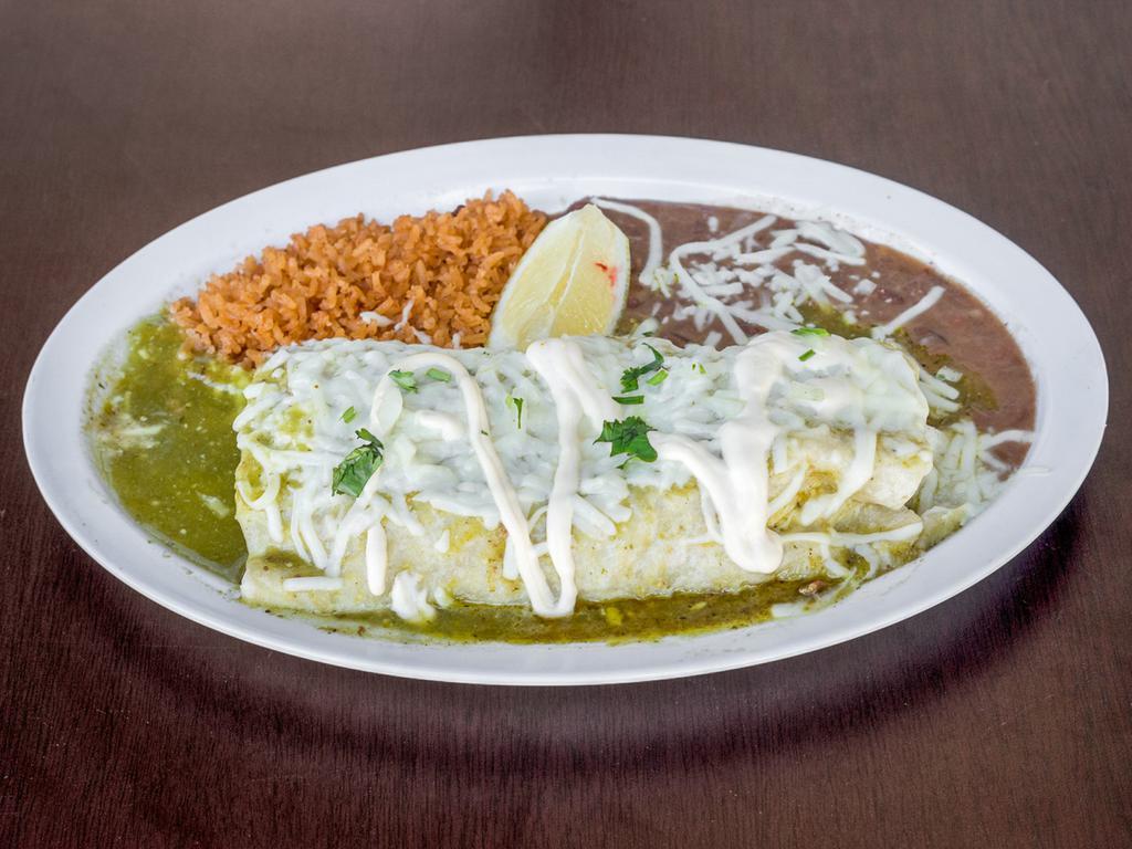 Wet Burrito · Choice of meat, rice, beans, and red or green salsa.