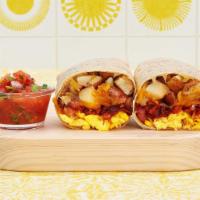 Bacon Breakfast Burrito · 2 scrambled eggs, crispy bacon, breakfast potatoes, and melted cheese wrapped in a fresh flo...