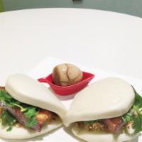 Taiwanese Style Pork Belly Sandwich 4 pieces · Pork belly, peanut, Hoisin sauce, and cilantro