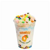 Birthday Cake · Birthday cake ice cream topped with marshmallow drizzle, marshmallows, mini M&M's and birthd...