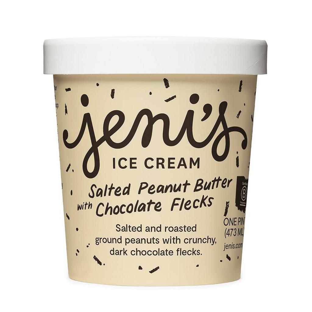 Jeni's Salted Peanut Butter with Chocolate Flecks (GF) · By Jeni's. Salted and roasted ground peanuts with grass-grazed milk and crunchy, dark chocolate flecks. Contains peanuts, dairy, and soy. We cannot make substitutions.