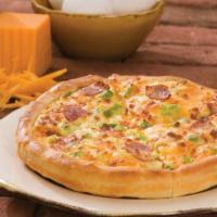 Denver Omelet Pizza Breakfast · Ham, green peppers, onions, eggs and 50/50.