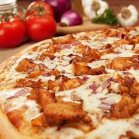 BBQ Chicken Pie · Chicken, BBQ sauce, red onions and mozzarella cheese.