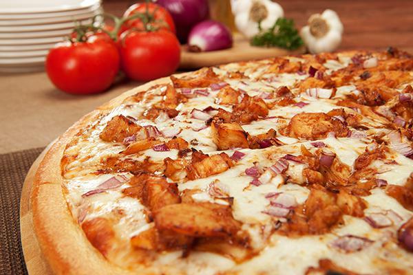 BBQ Chicken Pie · Chicken, BBQ sauce, red onions and mozzarella cheese.