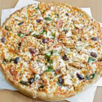 Mediterranean Pizza Specialty  · Spinach, tomato, feta cheese, grilled chicken and Kalamata olives.