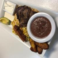 Super Breakfast · Steak, rice, Colombian bacon, and Salvadorian-style scrambled eggs. Served with avocado, fri...