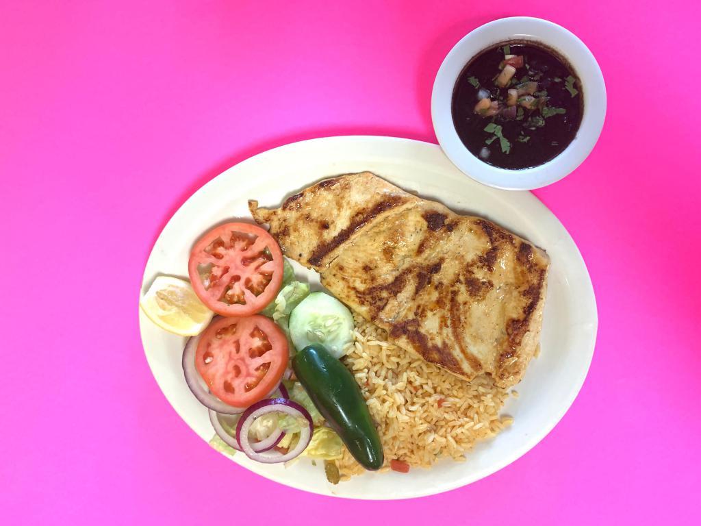 Pollo A La Plancha Plate · Grilled chicken breast. Served with salad, rice, beans, and tortillas. Comes with choice of homemade tortillas or flour tortillas.