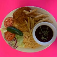 Pechuga a la Milanesa Plate · Fried breaded chicken breast. Served with salad, rice, beans, and tortillas. Comes with choi...