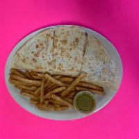 Steak Quesadilla · Cheese, rice, beans, sour cream, with chips and salsa.