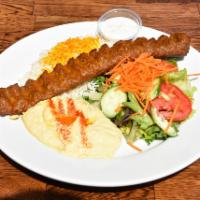 Koobideh Plate · Seasoned ground meat mixed with grated onion and grilled on an open flame. Gluten free.
