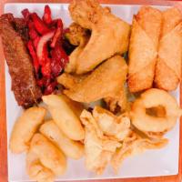 Pu Pu Platter for 2 · Boneless spareribs, 2 teriyaki beef, 2 egg rolls, 4 chicken wings, 2 fried shrimp, 6 chicken...