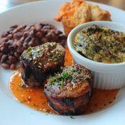 Pork Medallions · Two bacon-wrapped pork tenderloin medallions, grilled with a sweet red pepper honey glaze. S...