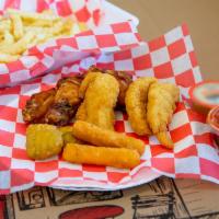 Sampler Plate · Onion rings or french fries, 2 wings, 2 tenders, 2 broccoli bites, 2 mozzarella sticks, 2 ma...