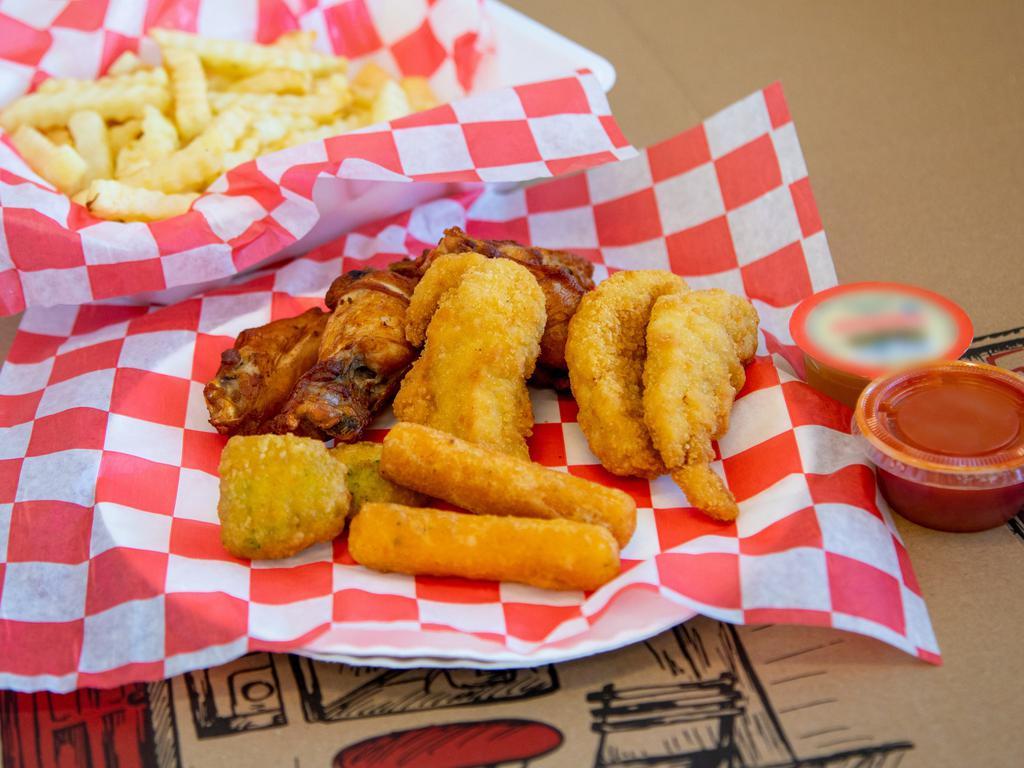 Sampler Plate · Onion rings or french fries, 2 wings, 2 tenders, 2 broccoli bites, 2 mozzarella sticks, 2 mac & cheese bites.