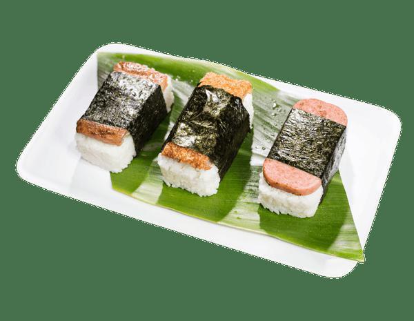 Spam Musubi · A block of rice and meat wrapped in flavored dried seaweed.
