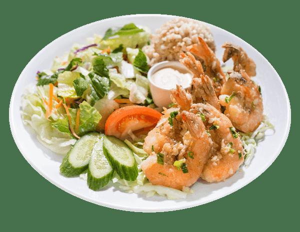 Healthier Garlic Shrimp Plate · Served with 1 scoop of brown rice and greens.