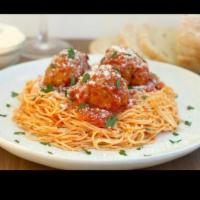 Pasta with Meatball · Baked spaghetti or penne pasta with Italian meatballs in marinara sauce. Topped with shaved ...