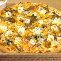 Greek Pizza · Tzatziki sauce, mozzarella, provolone, cheddar cheese, feta, spinach, red onions, tomatoes, ...