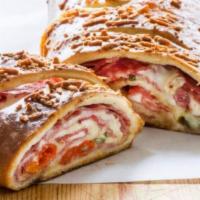 Meat Stromboli · Secret sauce, ground beef and 100% real cheese wrapped in fresh dough.