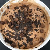 Triple Play · Chocolate base, brownie pieces and chocolate chips.
