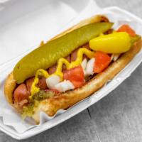 #9. Chicago · Hot dog in a bun, pickled spear, celery salt, tomatoes, whole pickled peppers, chopped onion...