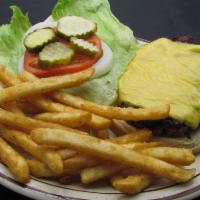 Prime Rib Burger · All beef patty garnished with Lettuce, tomato, onion, pickle, and topped with American cheese.