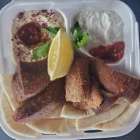 Hummus and Gyro · Hummus topped with Gyro with Olive Oil, Hot Sauce and 6 pieces of Pita Bread