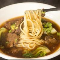 Taiwanese Beef Noodle Soup	 · 台湾牛肉面
Braised beef shank, bok choy, sour pickled greens, scallions, cilantro.