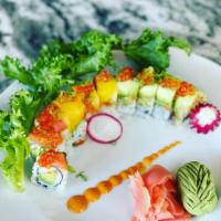 Bora Bora Roll · Ebi shrimp, topped with spicy toro, avocado, mango, ikura. Spicy.