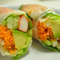 Summer Roll · Shrimp, crabstick, avocado, lettuce, carrot and cucumber wrapped in thin rice paper served w...