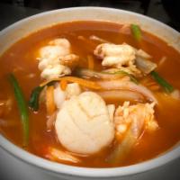Jumbo Noodle Soup · Shrimp, scallop, imitation crab meat, vegetables and egg noodles in spicy broth. Hot and spi...