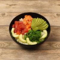 Poke Bowl Salad · Tuna, salmon, masago, avocado, cucumber, seaweed salad, soy bean, sesame seeds, tempura crun...